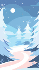 Fototapeta premium Winter wonderland with snowy path under moonlit sky and starry night flat vector illustration