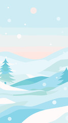 Fototapeta premium Peaceful winter landscape with snowy hills and pine trees flat vector illustration