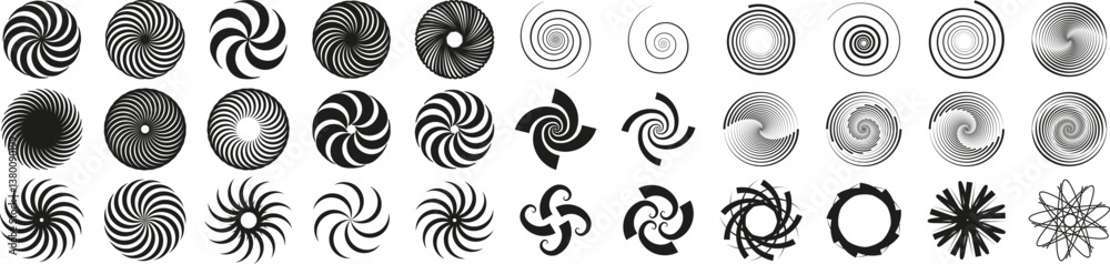 Poster set of abstract black spirals, vortexes, and swirl shapes perfect for dynamic designs and optical il