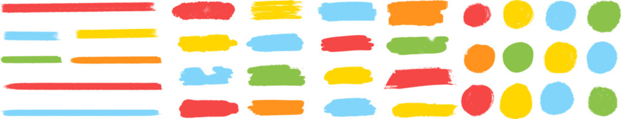 Multicolored brush strokes and circular paint spots. Ideal for creative highlights, playful compositions, and modern design accents on transparent background. Vector EPS 10