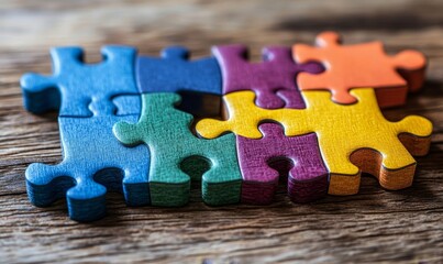 Colorful Jigsaw Puzzle Pieces on Wooden Background Teamwork Concept game logic unity design success 