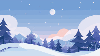 Naklejka premium Winter wonderland landscape with snowy pines and full moon flat vector illustration