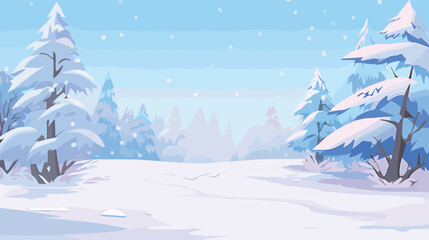 Snowy winter landscape with pine trees and falling snow flat vector illustration