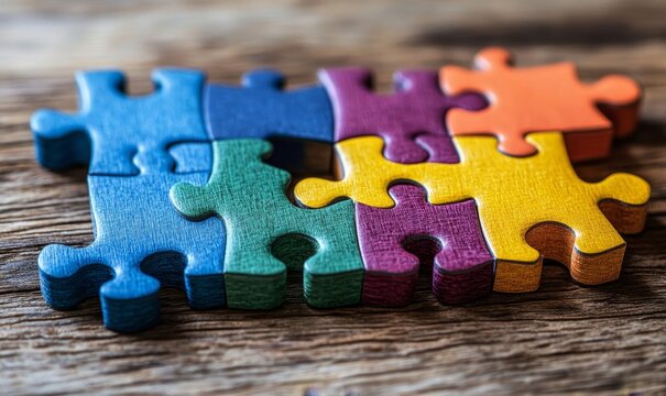 Colorful Jigsaw Puzzle Pieces on Wooden Background Teamwork Concept game logic unity design success 