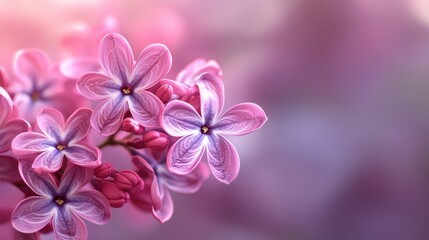 Fototapeta premium Lilac blooms in soft pink and purple hues fill this beautiful macro image. Use it for springtime promotions, wallpapers, or adding a floral touch.