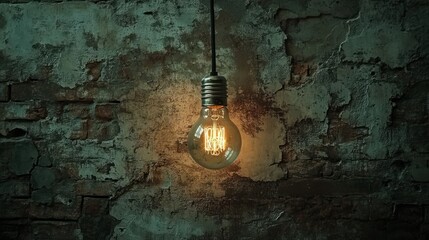 A lit incandescent bulb hangs against a decaying brick wall
