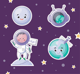 Fototapeta premium Cute space characters: planets with faces, a little astronaut and a satellite on a starry sky background. Ideal for children's books, posters, stickers and educational projects. 