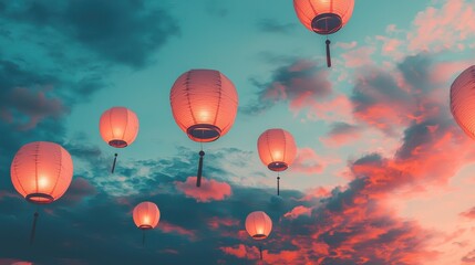 Obraz premium Colorful Lanterns Floating in a Dramatic Sky at Dusk with Vibrant Clouds and Warm Lighting Effects