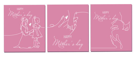 Vector set of One line drawing greeting card for Happy Mother's Day. Vector illustration of mother holding a new born baby in oneline style on pink background