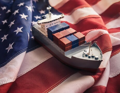 cargo ship toy placing on a usa flag 2