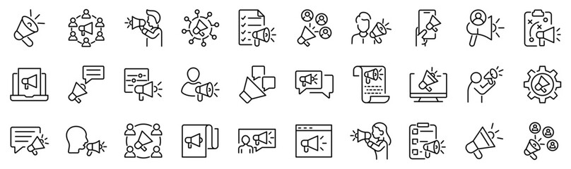 Set of 30 outline icons related to pr, public relations. Linear icon collection. Editable stroke. Vector illustration