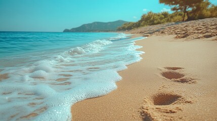 Footprints lead to tranquil turquoise ocean. Waves gently lap golden shore. Distant hills visible