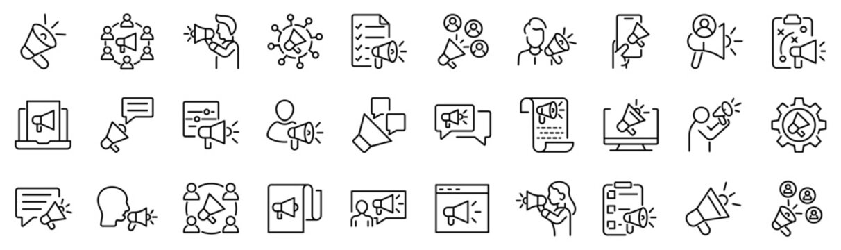 Set of 30 outline icons related to pr, public relations. Linear icon collection. Editable stroke. Vector illustration