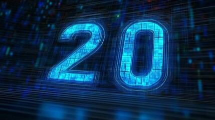 Glowing Blue Digital Number 20 on Abstract Technological Background, Cybersecurity Concept
