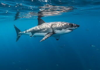Obraz premium Majestic Underwater View Great White Shark Swimming in Ocean, Marine Life, Predator, Water, Wildlife.