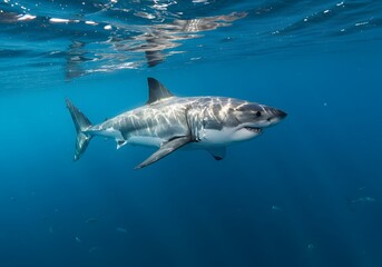 Naklejka premium Majestic Great White Shark Swimming in Deep Blue Ocean. Underwater Wildlife Photography.