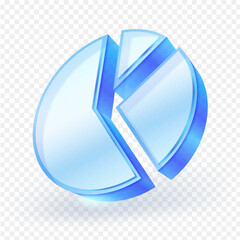 3D glossy blue pie chart icon with transparent glass effect. Business and finance infographic element. Modern data visualization symbol isolated on transparent background. Vector illustration file.