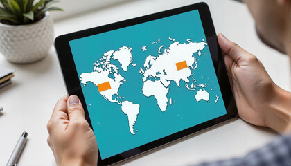 Person holding tablet displaying world map for blogs, websites, travel articles, educational content, geographic awareness, digital presentations, and technology-related designs -