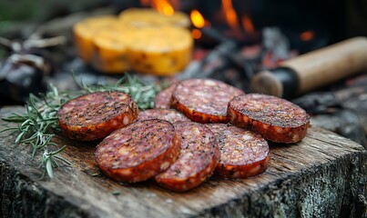 Delicious Grilled Spicy Smoked Sausage Slices Rustic Wooden Board Rosemary BBQ Food Meat Herb Taste 