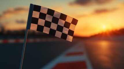 Checkered flag waving during sunset at racetrack with warm tones and blurred background in dynamic motion