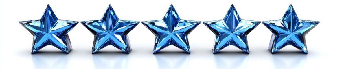 Five 3D blue stars on a white background, reflecting light. Clean, modern design.