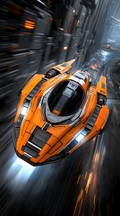 Fototapeta premium Orange Futuristic Spaceship Speeding Through City at Night