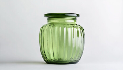 "Vintage green glass jar with flute and lid, front view on white background"