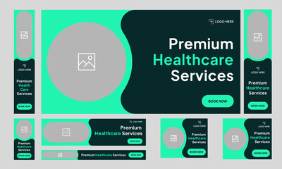 Digital healthcare services web set banner design for social media post, daily medical services web bundle banner design, fully customizable vector eps 10 file format