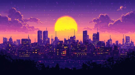 Fototapeta premium Colorful pixel art cityscape with vibrant sunset and urban skyline