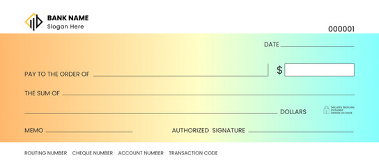Blank check template, bank cheque vector, customizable cheque design.