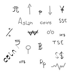 Financial symbols hand sketched, depicting asian markets, currencies, trading concepts