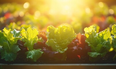 Fresh Organic Lettuce Plants Growing in Sunlight Garden Red Eco Food Farm Leaf Diet Green Salad     