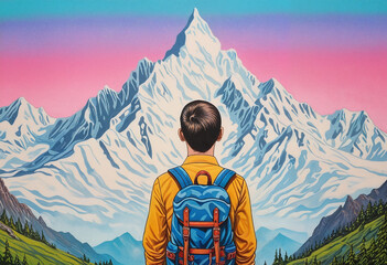 Fototapeta premium Young boy looking at majestic mountain landscape with backpack, adventurous spirit, colorful scenery