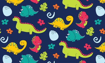 Vector childish seamless pattern with cartoon dinosaurs. Ideal for baby clothes, textiles, wallpaper, wrapping paper. Fun and lively dinosaur character repeat design.