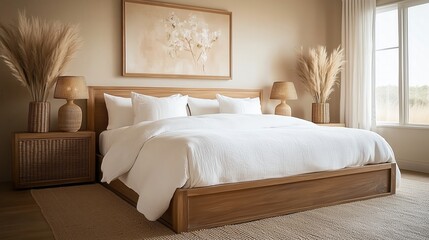 Fototapeta premium The bedroom is warm and comfortable, with a neat white bed, matched with a beige background and decorative paintings to create a peaceful sleeping environment.