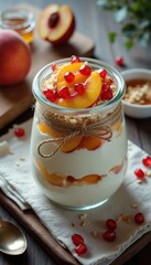 Homemade peach and pomegranate yogurt parfait with granola in glass jar, breakfast food photography