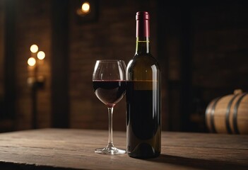 Red wine bottle and glass on wooden surface in a cozy, dimly lit environment, evoking a sense of relaxation and sophistication. Perfect for concepts of dining, leisure, and elegance.