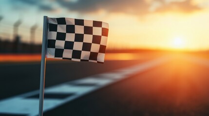 Checkered Racing Flag at Sunset on a Track Signifying the End of a High-Speed Competition
