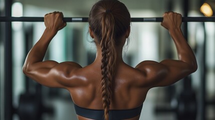 Fit woman doing back workout at gym with defined muscles