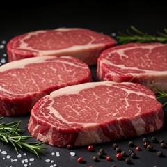 Premium Raw Ribeye Steaks with Rosemary and Spices  