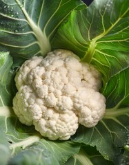 Close up of a fresh cauliflower surrounded by its leaves, covered with small water droplets, conveying freshness and quality