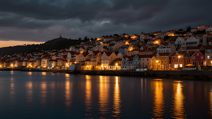 Obraz premium Serene Coastal Town: Dusk’s Tranquil Beauty