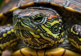 Obraz premium Close-up of Red-eared Slider Turtle, Detailed Face and Shell Pattern, Reptile Portrait.