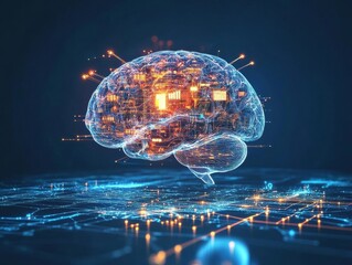 Floating brain, pulsing smart neurons spark, mind-machine interface swirls abstract data streams