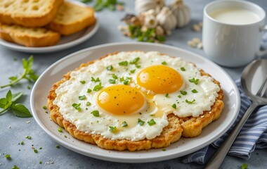 Delicious Breakfast with Fried Eggs, Garlic Bread, and Milk  
