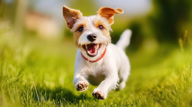 "Energetic Jack Russell Terrier Running in a Green Field"