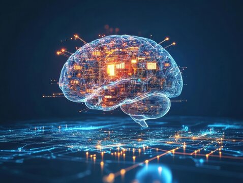 Floating brain, pulsing smart neurons spark, mind-machine interface swirls abstract data streams