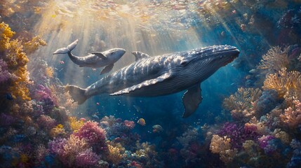 Fototapeta premium Whale and Calf Swim in Sunlit Coral Reef