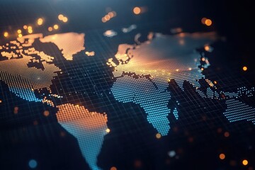Digital world map with glowing dots illustrating connections in a futuristic layout against a dark background