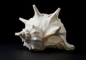 Naklejka premium Detailed White Shell on Black Background Marine Life, Sea Shell, Ocean, Seashell, Mollusk, Seashells.
